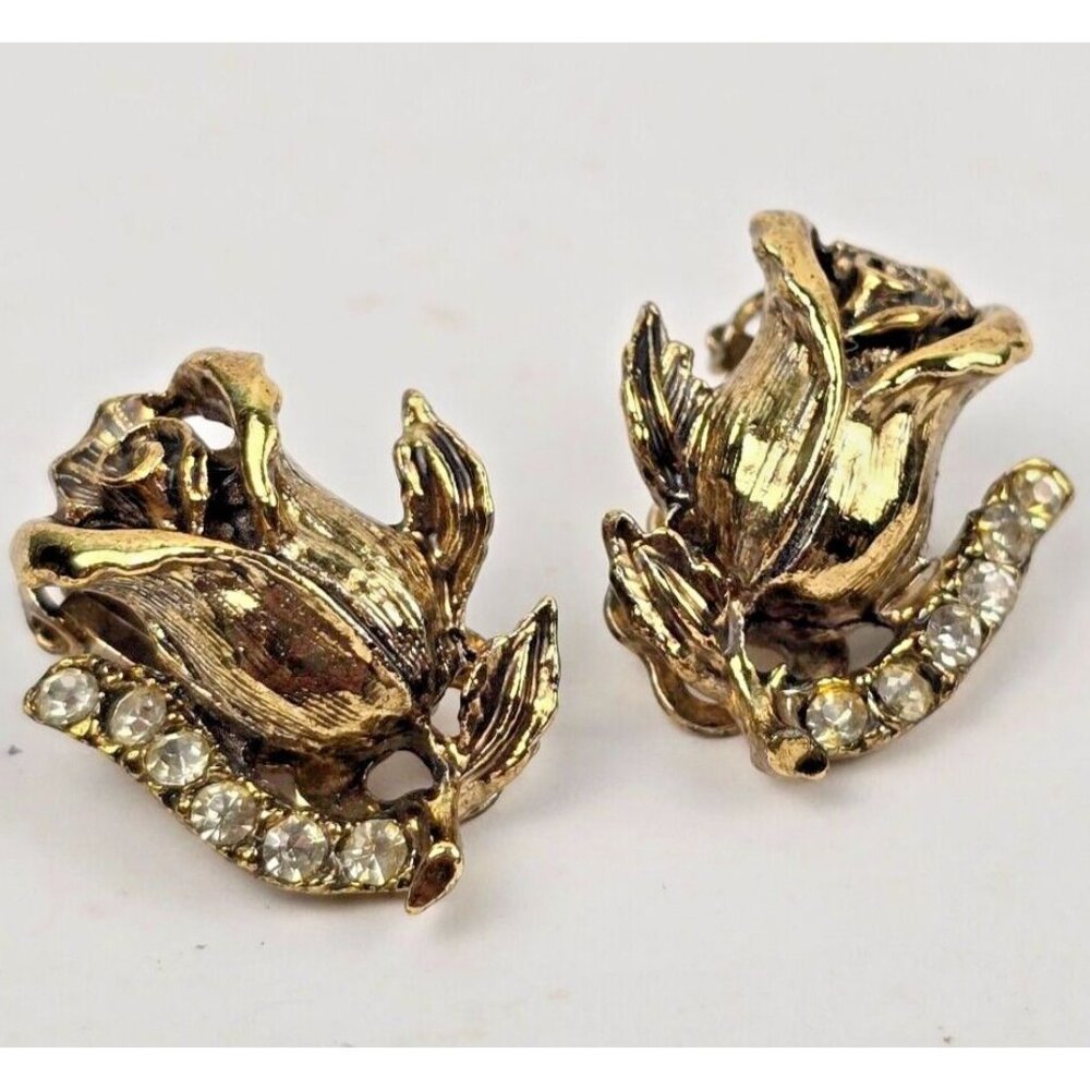 Vintage Earrings Clip On Rose Flowers Gold Tone Rhinestones Costume Jewelry